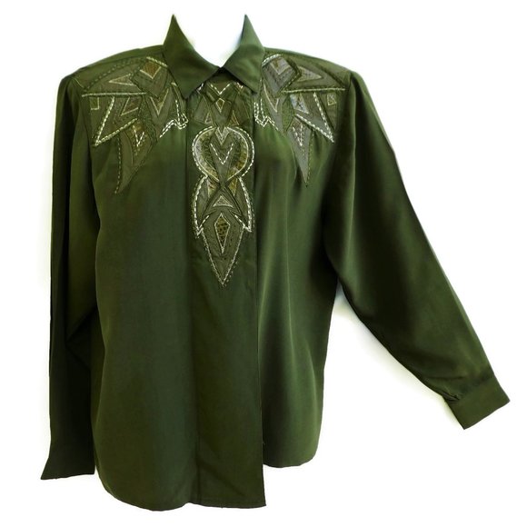 NEW SiLK Leather Real Snake Green Blouse Concealed Buttons Southwest Streetwear - Picture 2 of 12